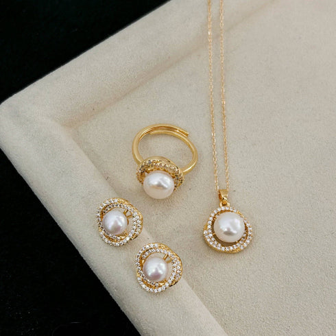 Floral CZ Button Pearl Jewelry Set - House Of Pearls